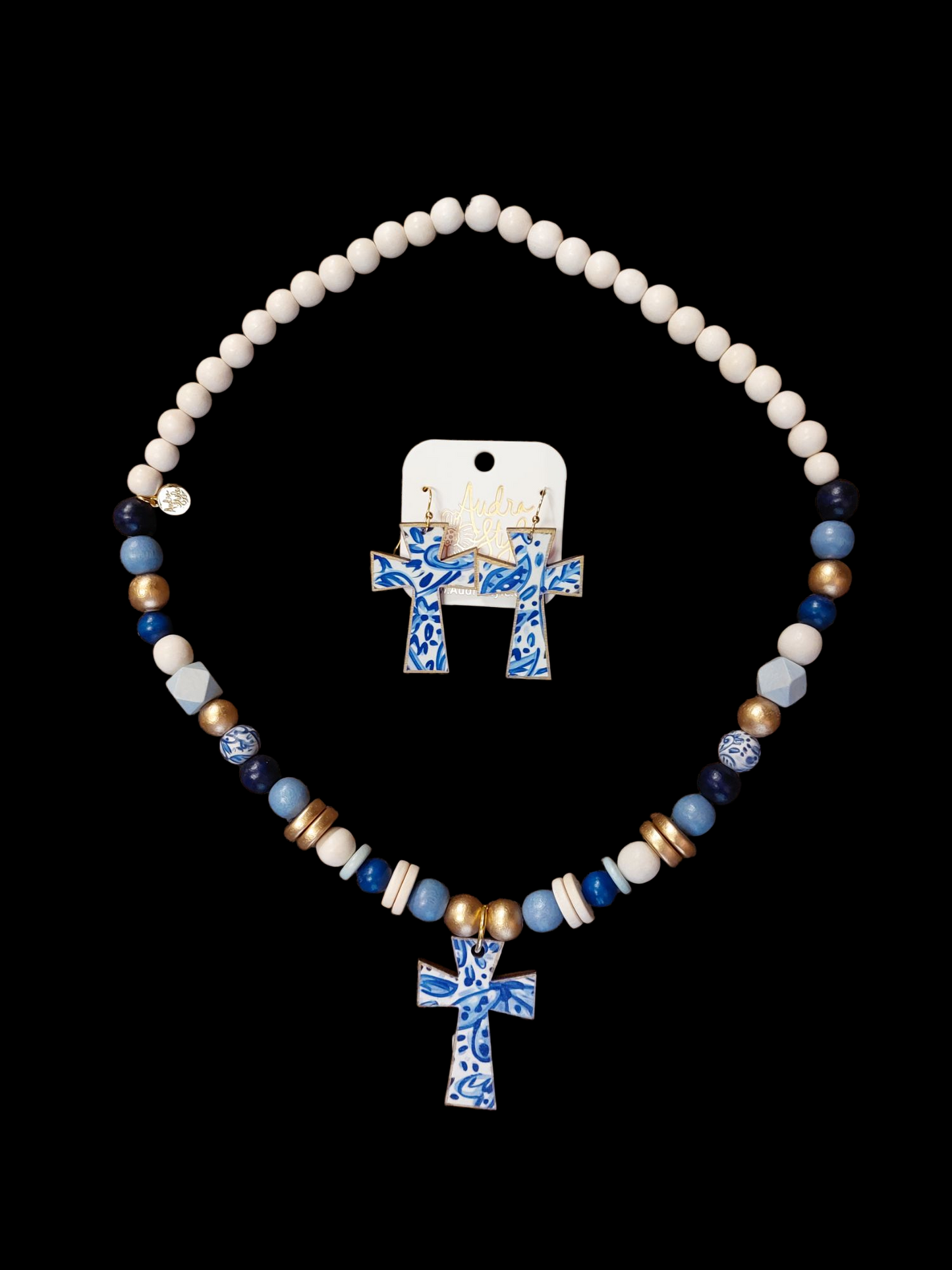 Blue/Cream Beaded Earrings