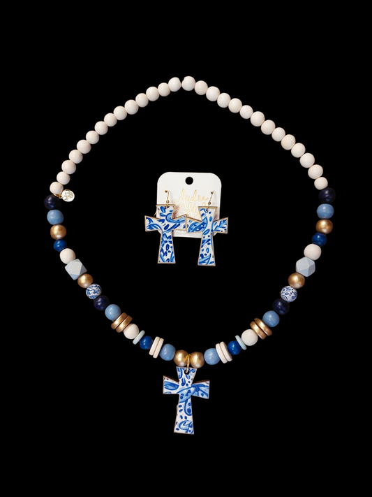 Blue/Cream Beaded Earrings